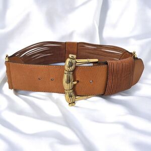 Doppia Vita‎ Vintage Wide Leather Belt Gold Buckle and Details Brown 75cm/28"